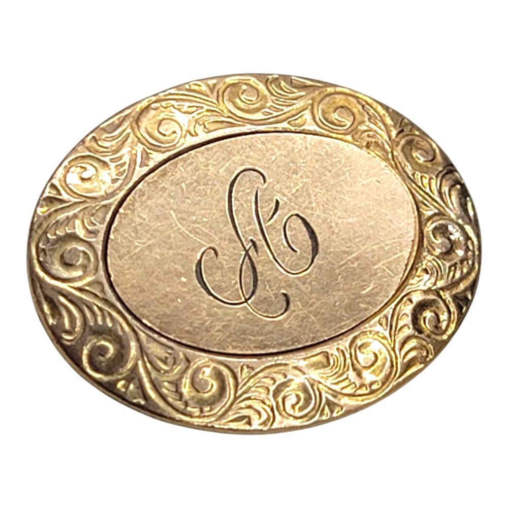 Antique CT Gold Filled Oval Engraved Monogram Brooch Pin Victorian Script A